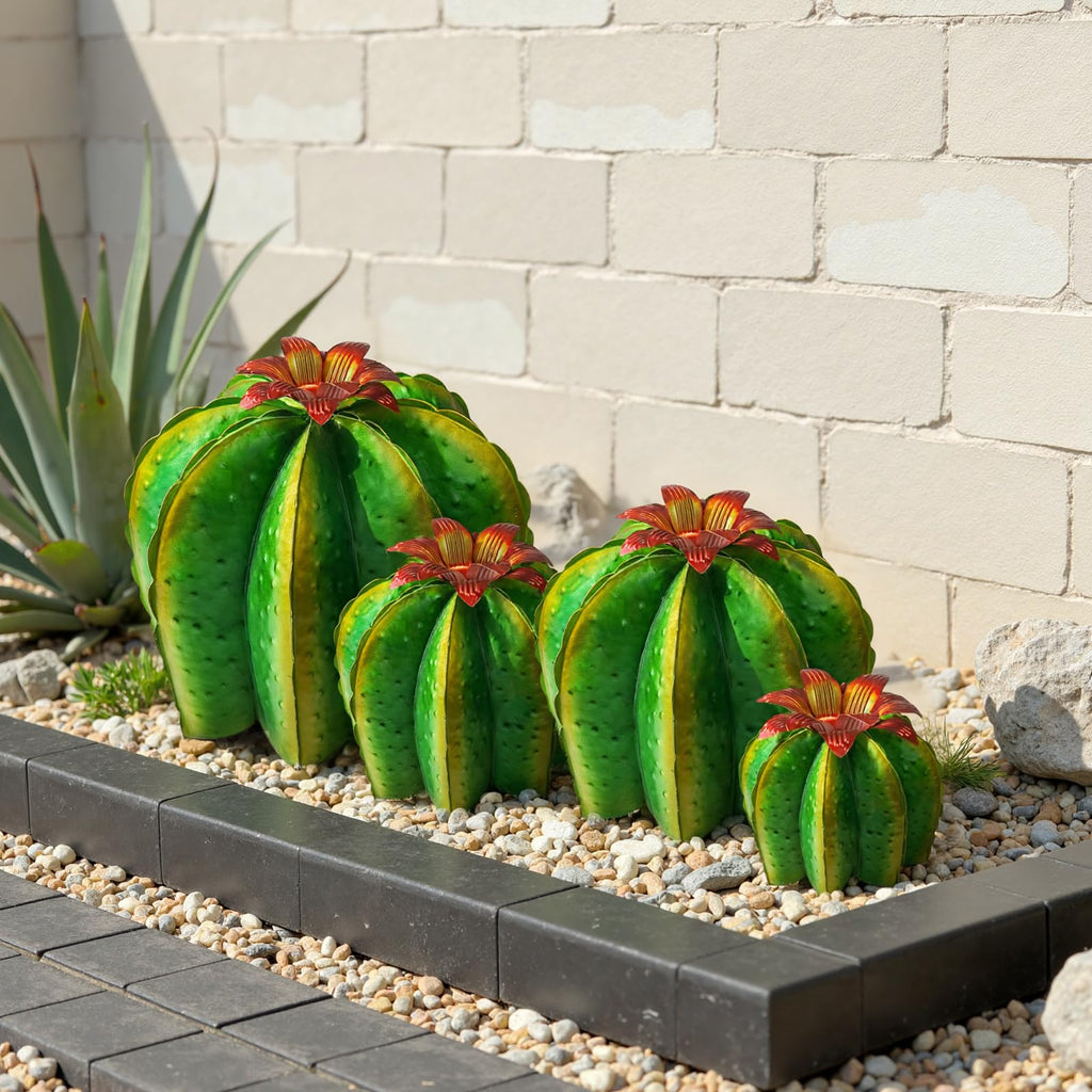KODIBO Metal Cactus Yard Art, 4-Pack Artificial Barrel Cactus with Flower