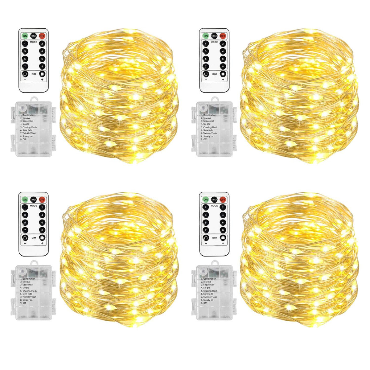 Homemory 4 Pack 20 Ft 60 LED Fairy Lights Battery Operated Christmas Lights with Remote Waterproof 8 Modes Firefly Twinkle String Lights for Party Bedroom Wedding Christmas Decorations