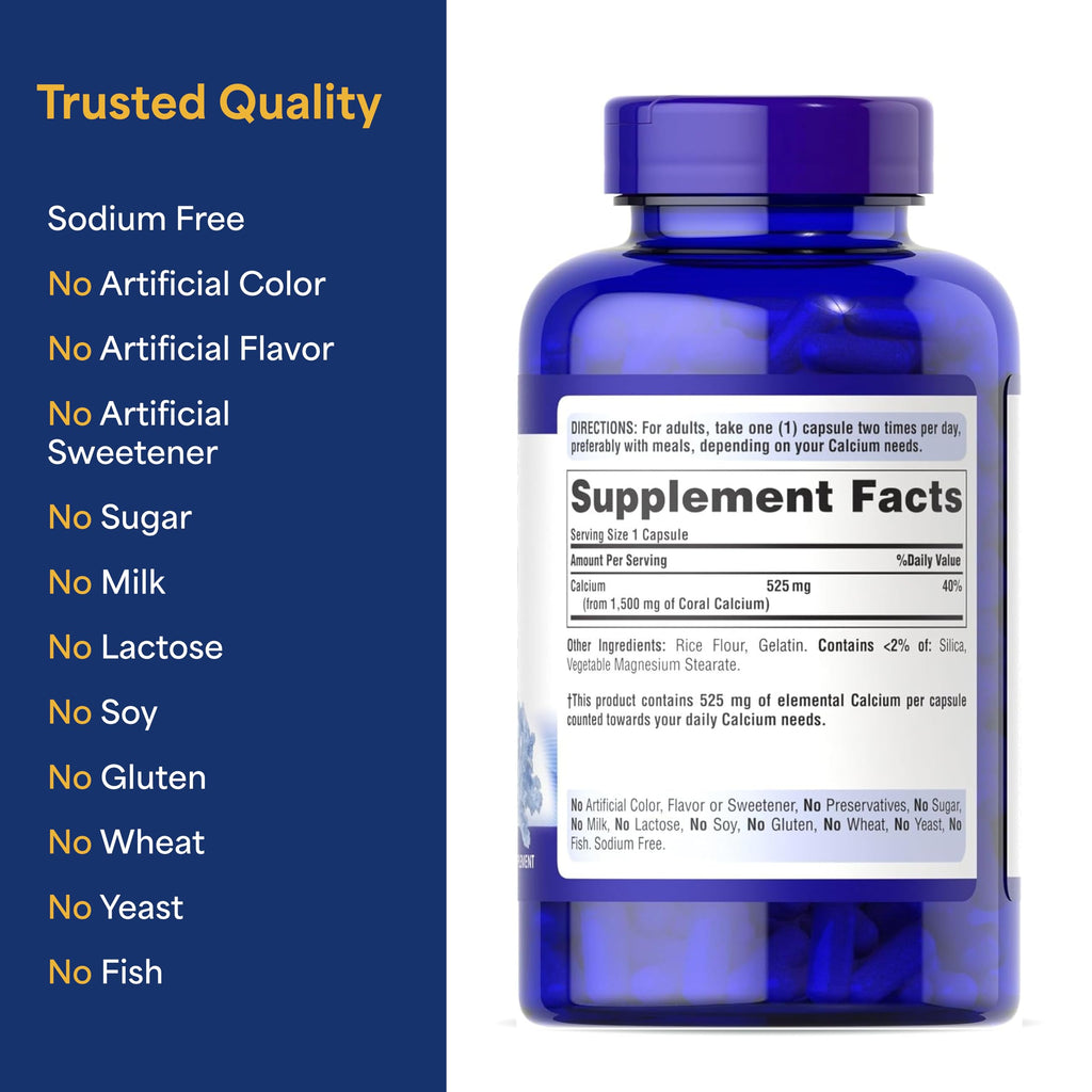 Puritan's Pride Triple Strength Coral Calcium 1500mg with Bone-Active™, Dietary Supplement for Heart, Nerve, and Muscle Support, 2 Month Supply, 120 Rapid Release Capsules