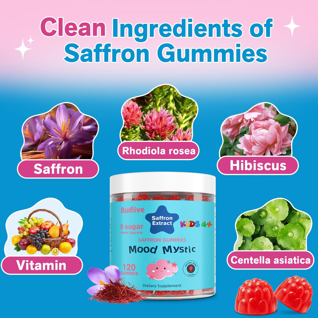 BudLive Mood Mystic Saffron Gummies for Kids 4+ - Saffron Extract Supplements with GABA, Focus Calming Gummies Supports Happy & Cognition, Sugar Free Raspberry, 120 Counts