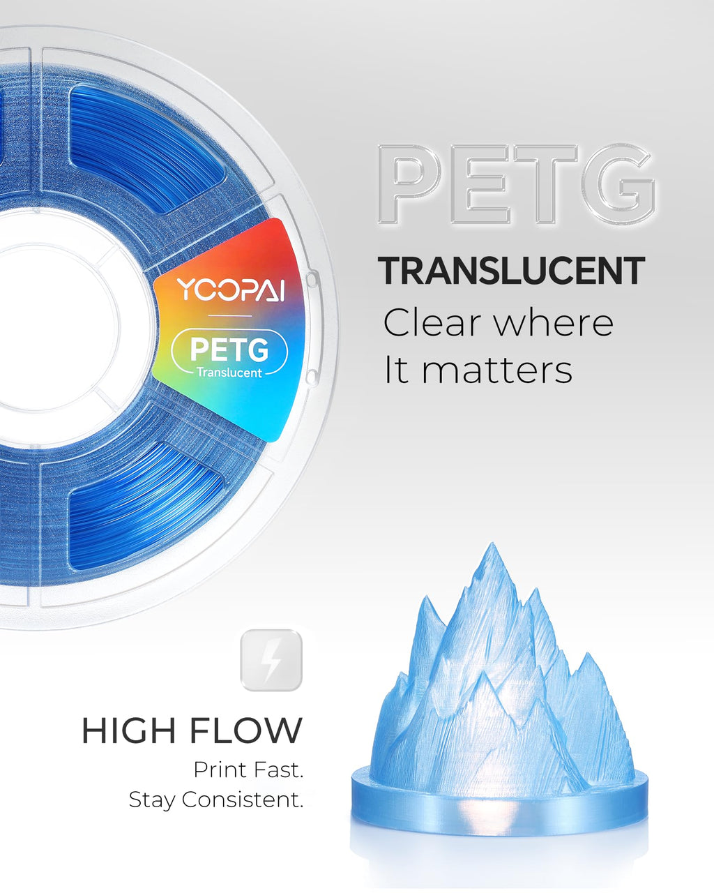 YOOPAI PETG Filament 1.75mm, High Clarity, Clean Surface, Consistent Printing, 1KG (2.2lbs) 3D Printer Filament, PETG Transparent Light Blue