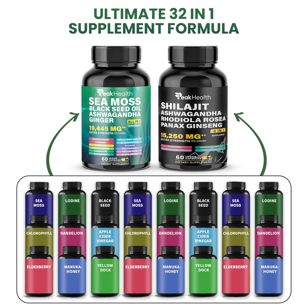 Peakhealth Shilajit Sea Moss Black Seed Oil Ashwagandha Capsules for Man Woman,2 Bottle Combo with Turmeric, Panax Ginseng, Rhodiola,19,445mg Herbal Formula,Energy & Immune Support, 60 Capsules