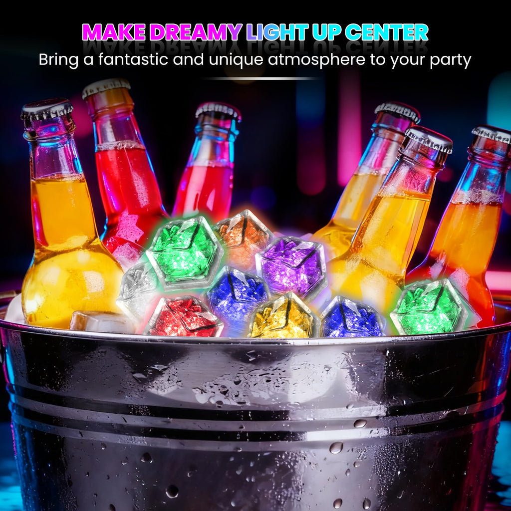 Light Up Ice Cubes, 32 Pack Multi Color Led Ice Cubes for Drinks IP67 Waterproof Reusable Glowing Flashing Changing Lights Water Activated Drink Lights for Cocktails Christmas Party Bar Wedding