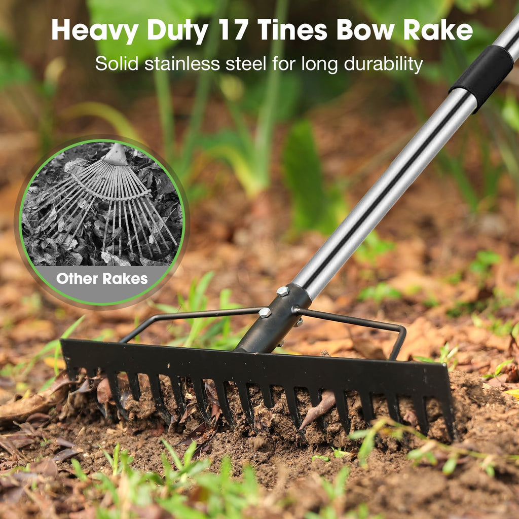 Heavy Duty Bow Rake for Lawns, 17 Tine Metal Rake Level Soil 5.58FT
