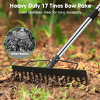 Heavy Duty Bow Rake for Lawns, 17 Tine Metal Rake Level Soil 5.58FT