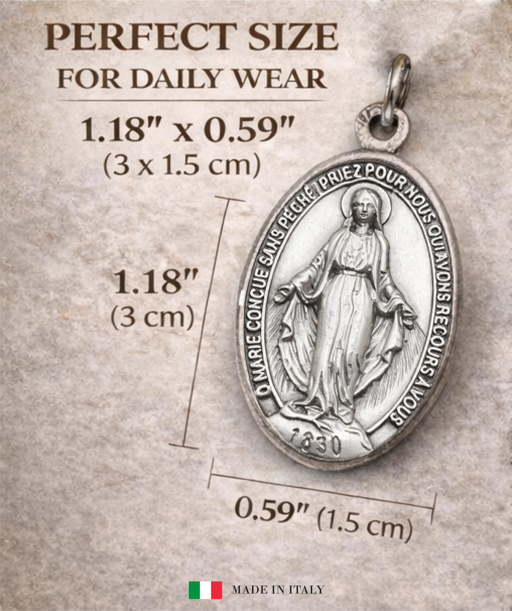 MIRACULOUS MEDAL ORIGINAL DESIGN, CATHOLIC VIRGIN MARY PENDANT, MADE IN ITALY, SILVER PLATED BRASS, RELIGIOUS JEWELRY GIFT FOR WOMEN MEN