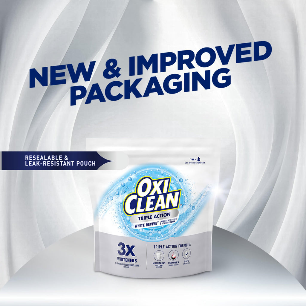 OxiClean Triple Action White Revive Laundry Whitener and Stain Remover Powder, Use with Detergent, Whitens and Brightens Clothes, Removes Tough Stains, Color Safe, Chlorine Free, 6.5 lbs