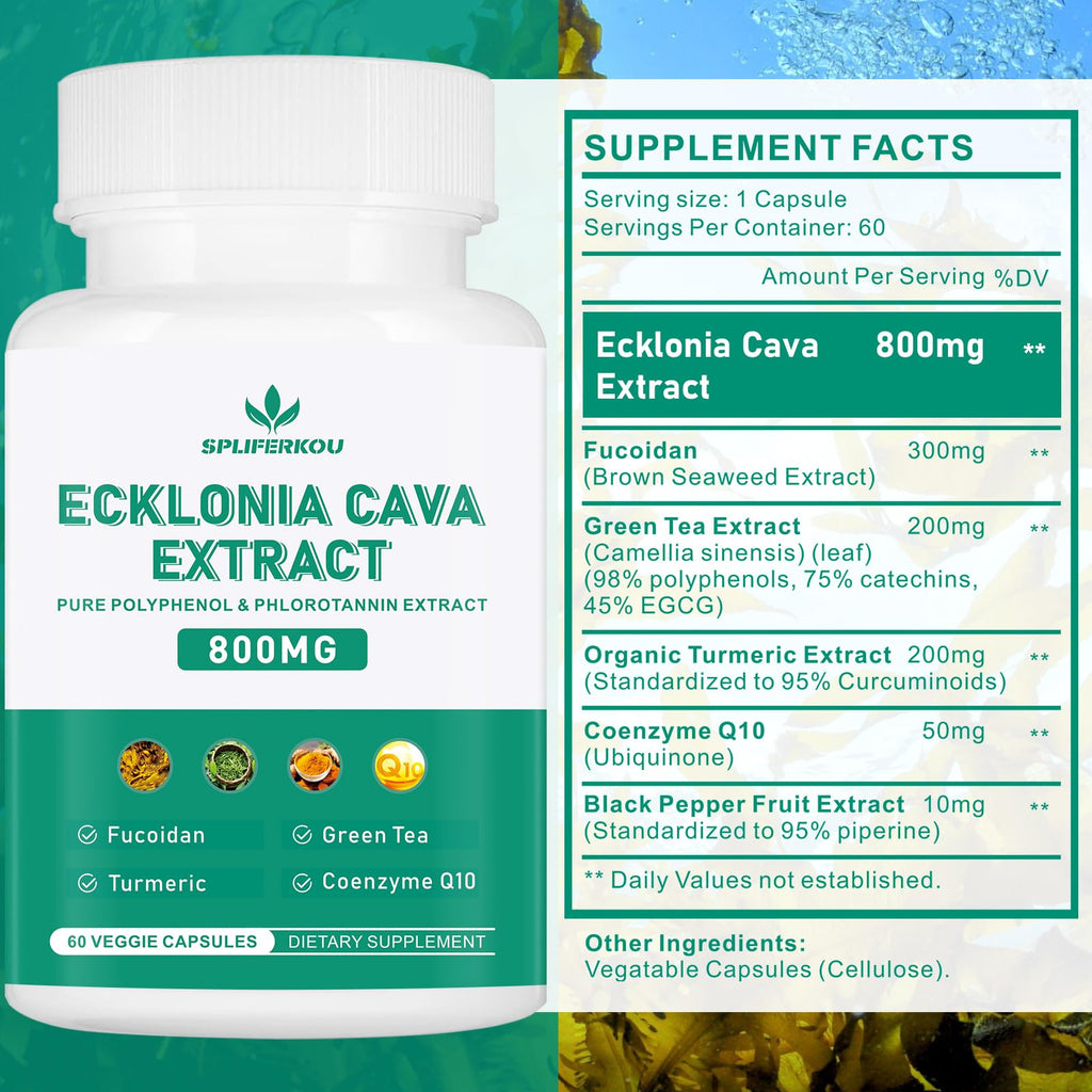 Spliferikou Ecklonia Cava Extract, 800mg, 60 Veggie Capsules with Fucoidan, Green Tea, Turmeric, CoQ10, Dietary Supplement