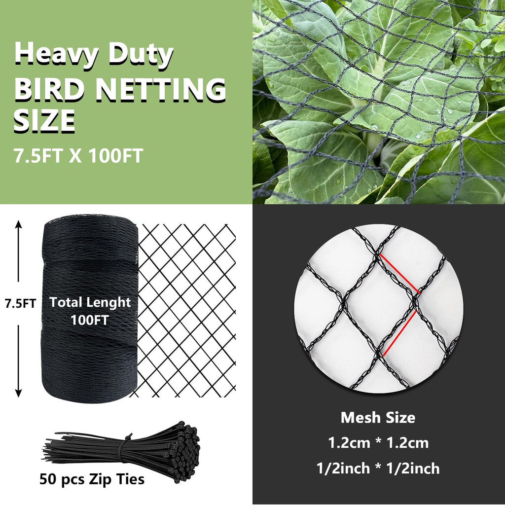 Tilvex Bird Netting 7.5x100 FT,1/2" Mesh Heavy Duty Garden Netting