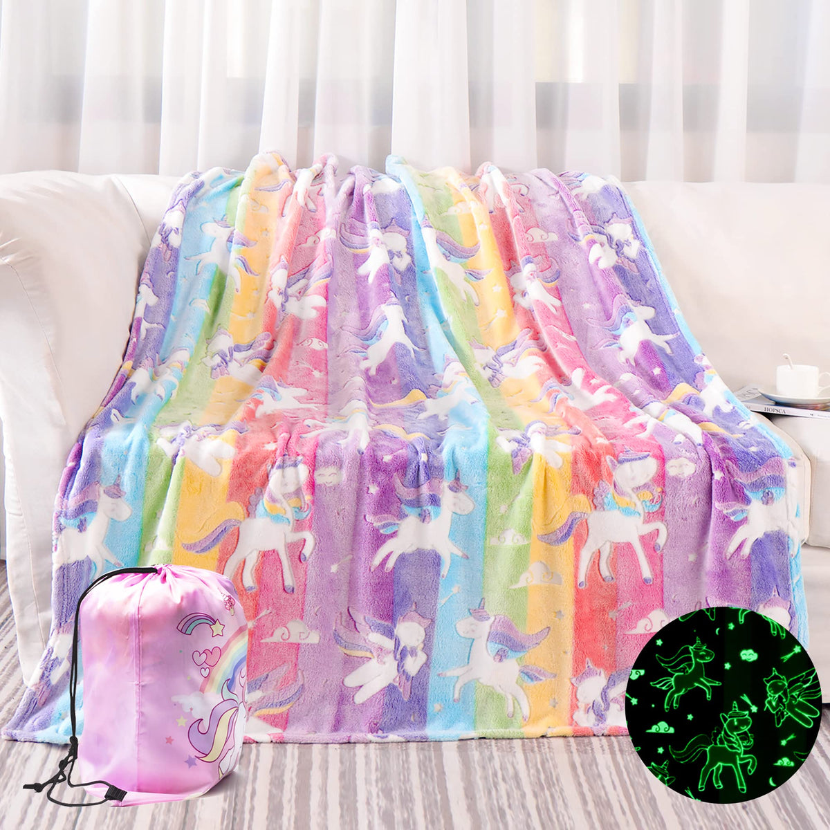 LIFEYJ Glow in The Dark Blanket Unicorns Gifts for Girls, 50"x60"