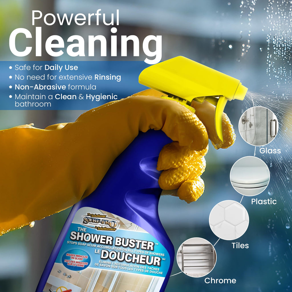 SURF PRO Shower Glass Door Cleaner – Shower Buster Spray for Soap Scum & Hard Water Stains – No Scrub Bathroom Cleaner for Glass, Tile, Chrome, Ceramic, RV and Septic Safe (500ml / 16.9oz)
