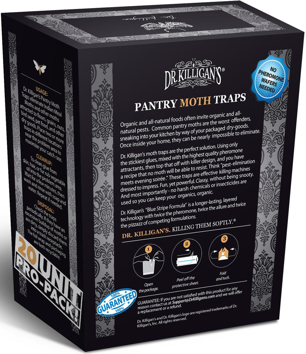 Dr. Killigan's Premium Double Potent Pantry Moth Traps with Pheromones Prime, Sticky Indian Meal Moth Traps for Kitchen, How to Get Rid of Moths in House (20 Pack, Black)