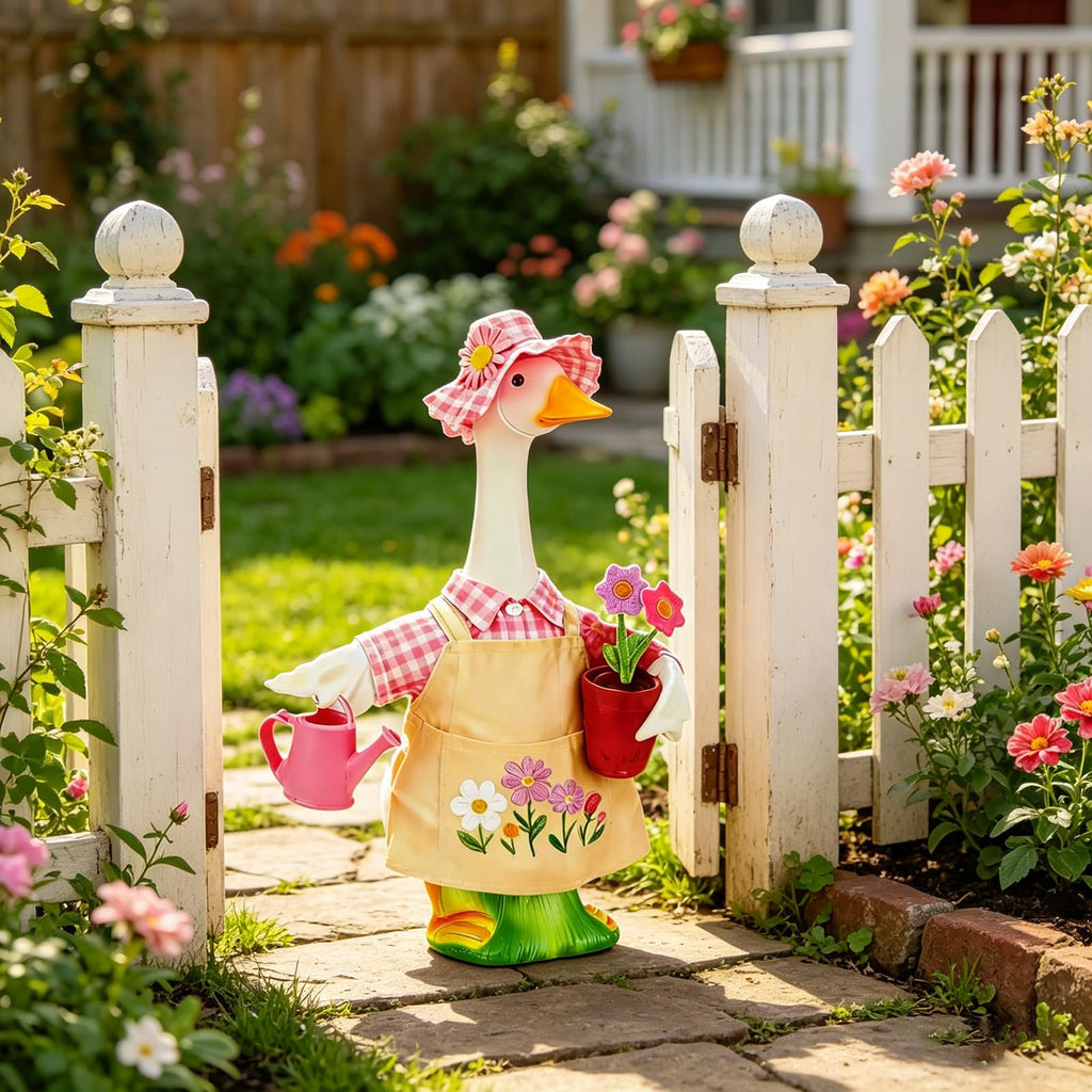 Jwqqwdza Gardener Porch Goose Outfit, 23 Inch Goose Clothes with Hat, Watering Can & Flower Pot, Lawn Geese Statue Costume for Spring Summer Garden Yard Decor (Pink Yellow, One Size)