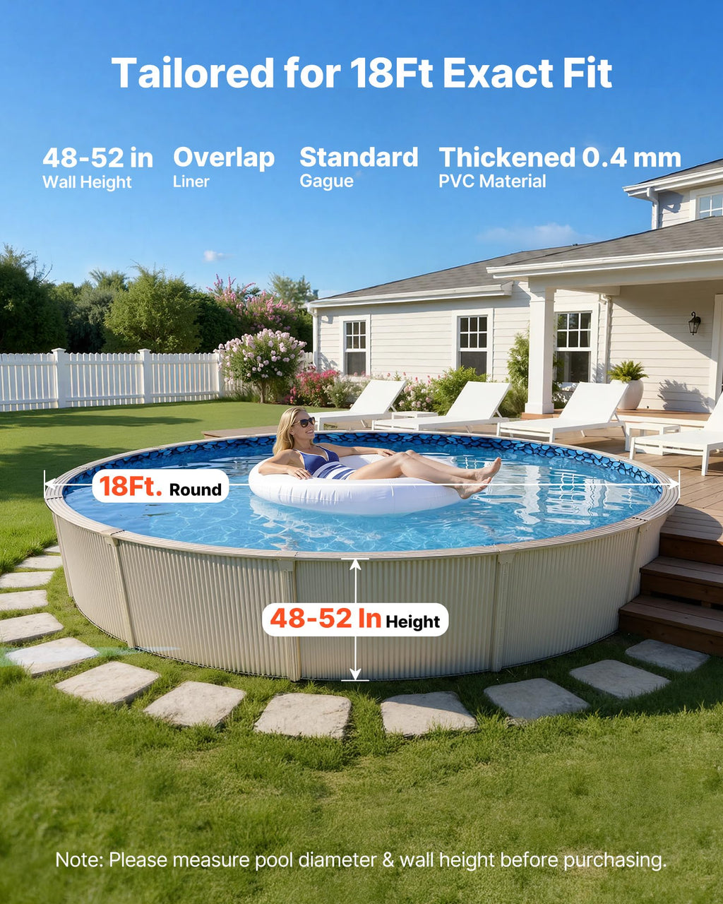 VEVOR 18-ft Round Above Ground Pool Liner, Overlap Pool Liners, Thickend Upgraded Gauge Vinyl, 48-to-54inch Wall Height, Designed for Steel Sided Above-Ground Swimming Pools