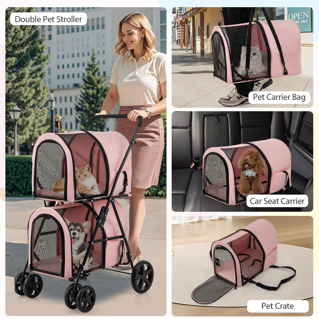 HAPPAWS Dog Stroller with 2 Detachable Carrier, Pet Stroller for Small Medium Dogs Cats, Jogger/Travel/Camping, 4-in-1 Doggy Pet Carrier, Carrier Strolling Cart with Lockable Wheels (Light Pink)
