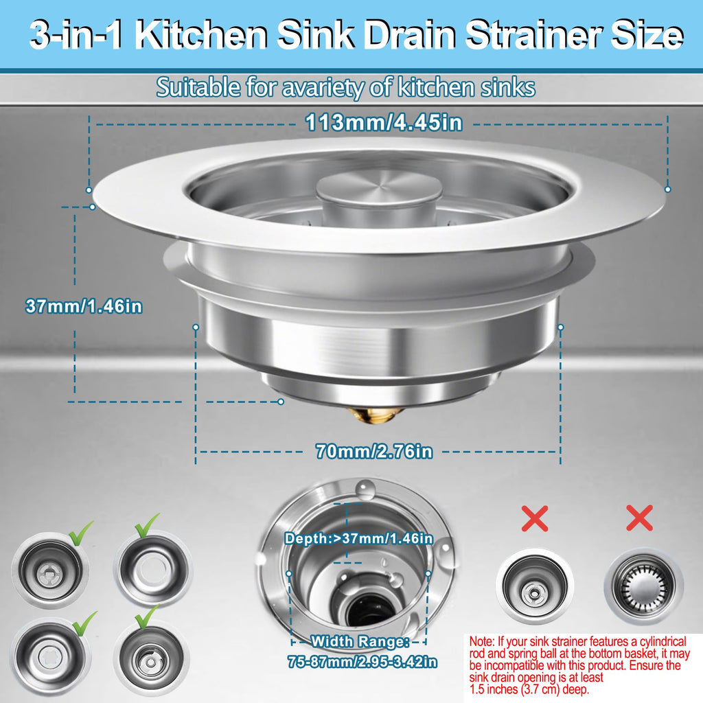 Sink Drain Strainer 3 in 1, 304 Stainless Steel Pop Up Kitchen Sink Stopper with Anti-Clogging Basket, Kitchen Essential Drain Anti-Clog Gadgets, Fits US Standard 3-1/2'' Sink Drain (Silver, 2 Pack)