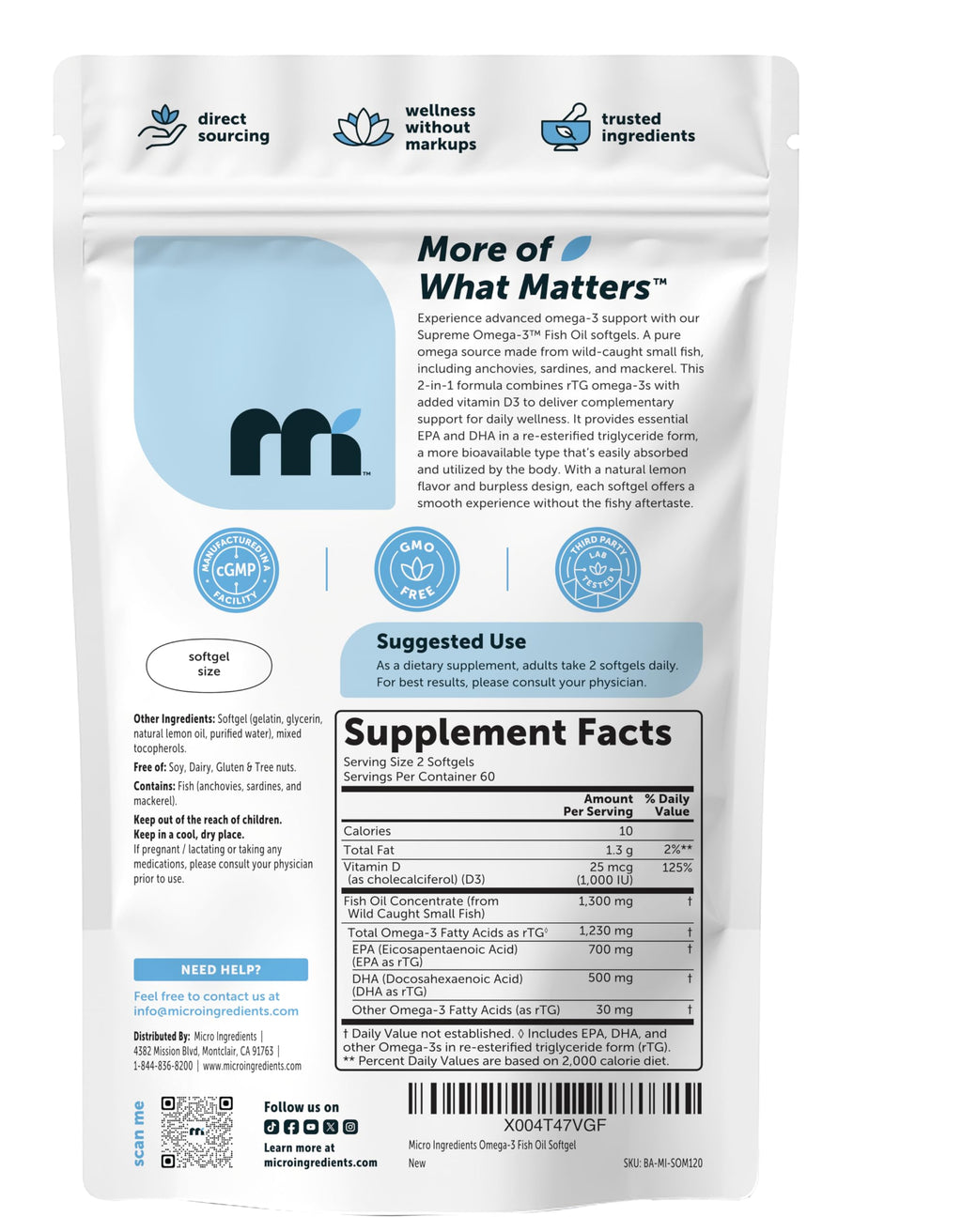 Micro Ingredients Supreme Omega-3 Fish Oil w/Ultra High EPA & DHA, Burpless Softgels | rTG Omega-3 with Vitamin D3 | Wild-Caught Cold Deep-Sea Water | Lemon Flavor, Easy to Swallow, 120ct