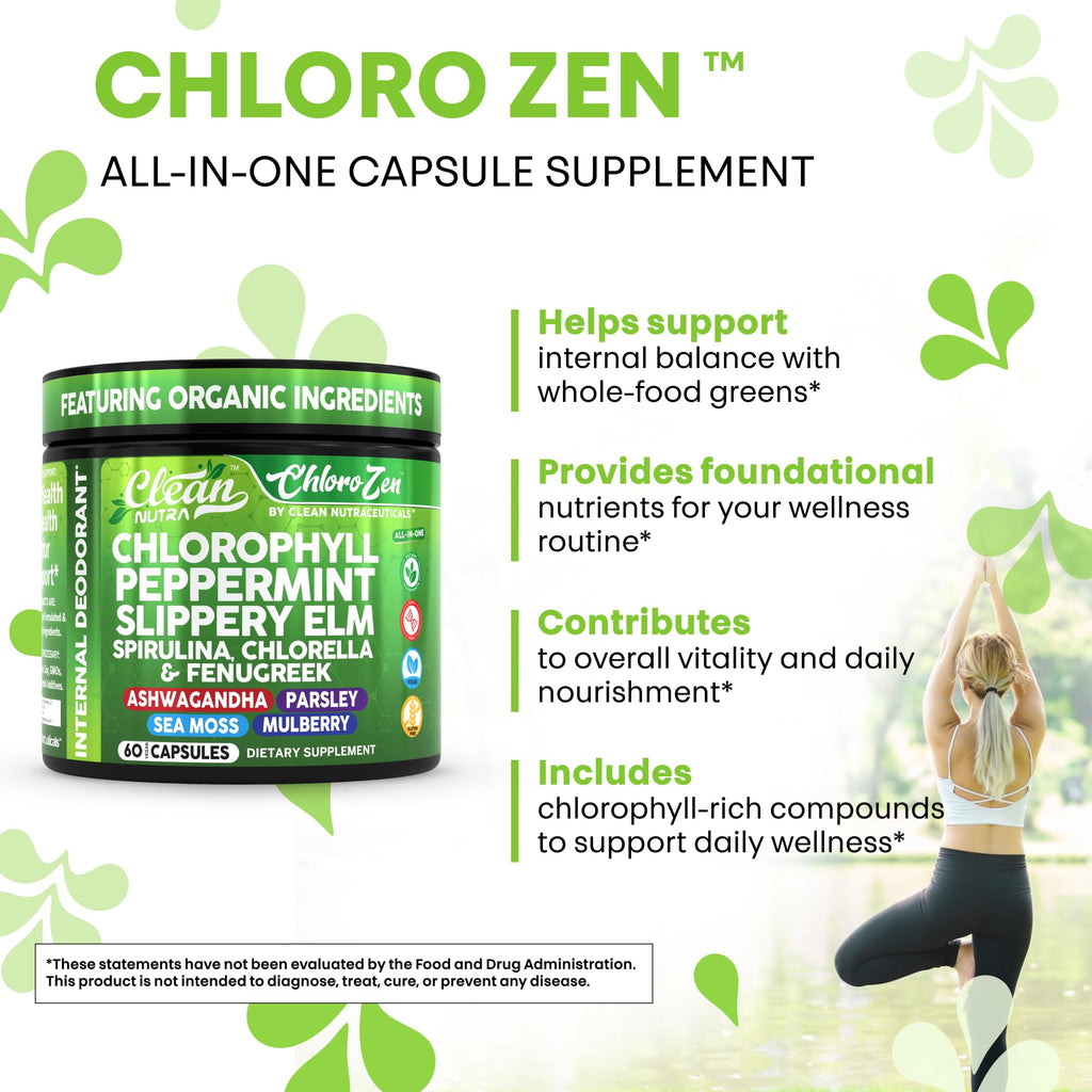 Clean Nutra Chlorophyll Capsules + Peppermint Slippery Elm Spirulina Chlorella Fenugreek Ashwagandha Sea Moss Supplement – Ph Balance for Women Detox Internal Deodorant Supplement + Prebiotics 60 Ct