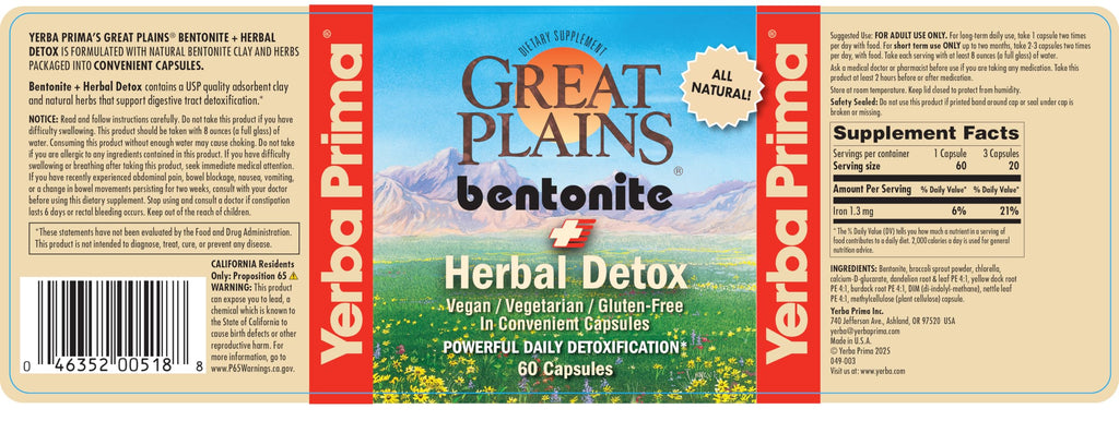 Yerba Prima Bentonite Clay Plus Herbal Detox - 60 Veggie Capsules - Natural Cleansing Supplement