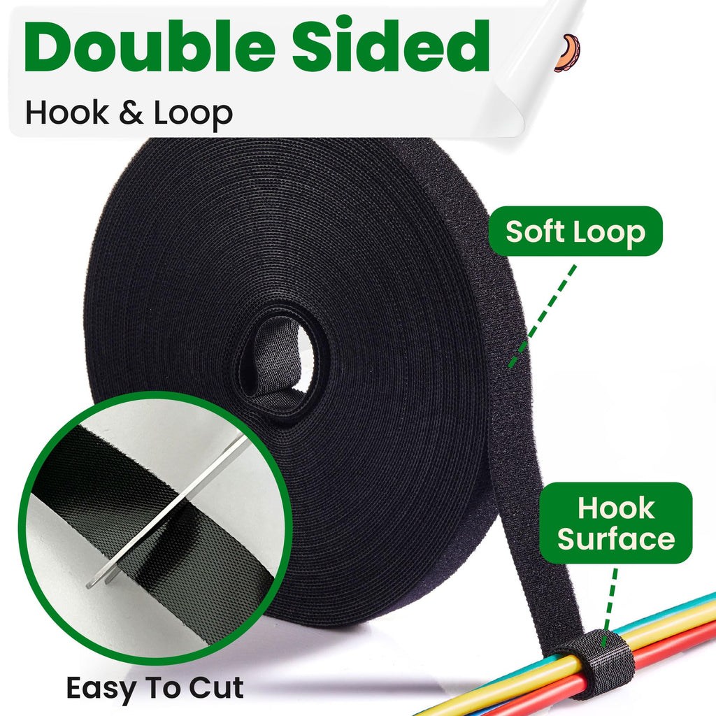 ECOHomes 3/4 Inch x 75 FT Double Sided Hook and Loop Roll Tape | Two Sides, Self Stick, No Adhesive Reusable Cable Ties Wrap for Cable Management, Heavy Duty Extender Straps Long Wire Strips Black