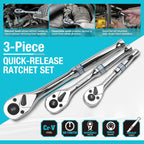 DURATECH 3-Piece Drive Ratchet, 1/4", 3/8", 1/2" 90-Tooth Quick-Release Ratchet Wrench, Reversible, Cr-V Made, Full Polished - with Plastic Insert Storage Box, Gifts for Men, Women, Dad