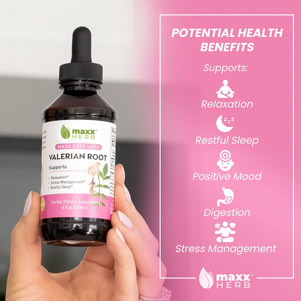 Maxx Herb Valerian Root Extract - Max Strength, Liquid Valerian Root Absorbs Better Than Capsules, for Relaxation and Restful Sleep, Alcohol-Free - 4 Bottles, 4 Oz Each (240 Servings)