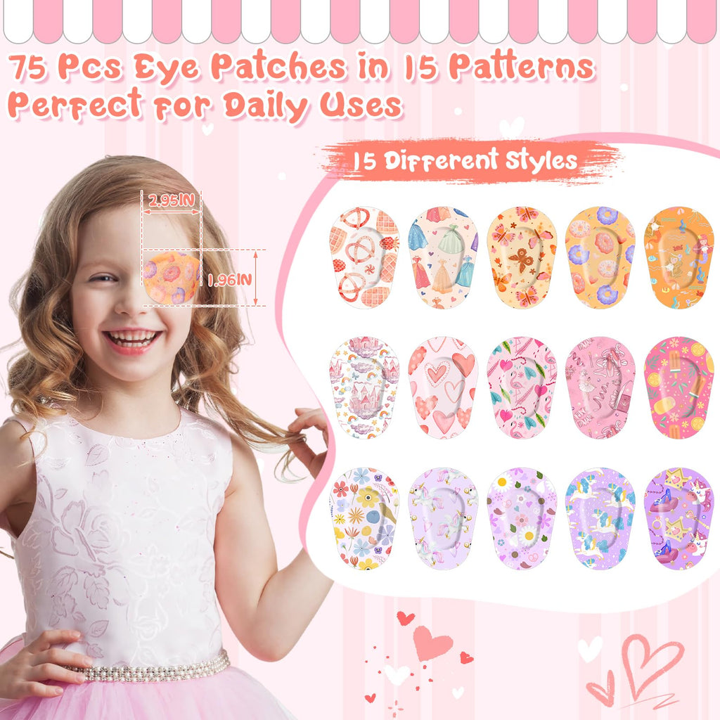 75 Pcs Kids Eye Patches 15 Cute Styles Soft Breathable Cotton Adhesive Patches for Amblyopia and Lazy Eye, 2.95"x1.96" Disposable Bandages for Toddlers, Girls & Adults, Bulk Pack