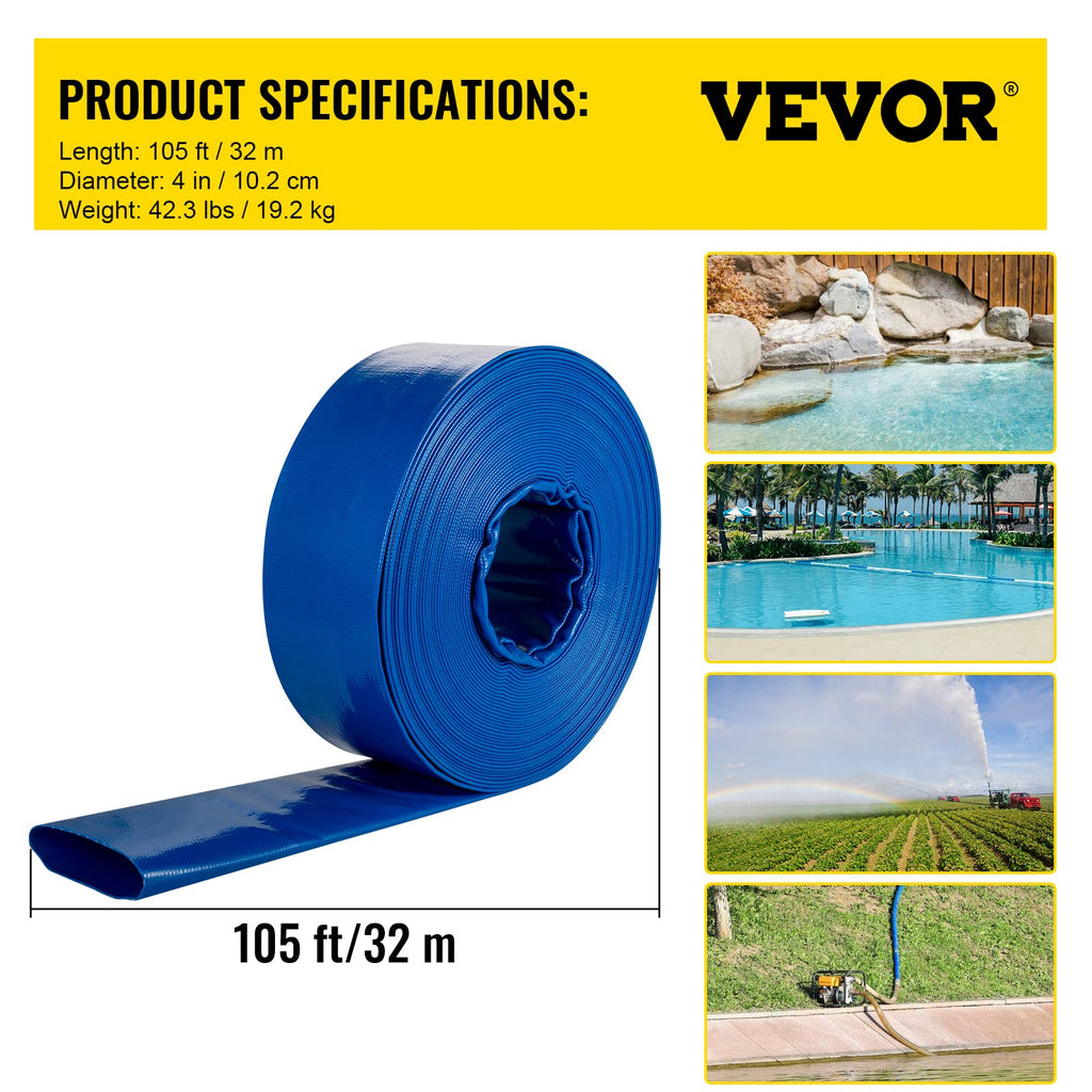 VEVOR Discharge Hose, 4' x 105', PVC Lay Flat Hose, Heavy Duty Backwash Drain Hose with Clamps, Weather-proof & Burst-proof, Ideal for Swimming Pool & Water Transfer, Blue