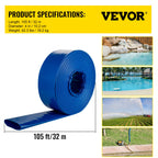 VEVOR Discharge Hose, 4' x 105', PVC Lay Flat Hose, Heavy Duty Backwash Drain Hose with Clamps, Weather-proof & Burst-proof, Ideal for Swimming Pool & Water Transfer, Blue