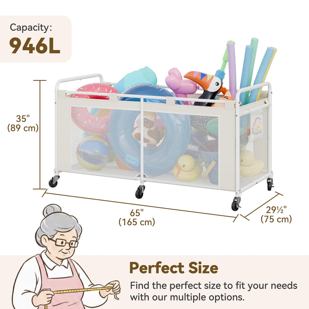 GRANNY SAYS Pool Float Storage Organizer, 290-Gallon Large Pool Storage Bin,35" Pool Toy Storage Cart with Wheels for Floats,Toys and Balls,Mesh Poolside Storage Holder for Swimming Pool,Beige