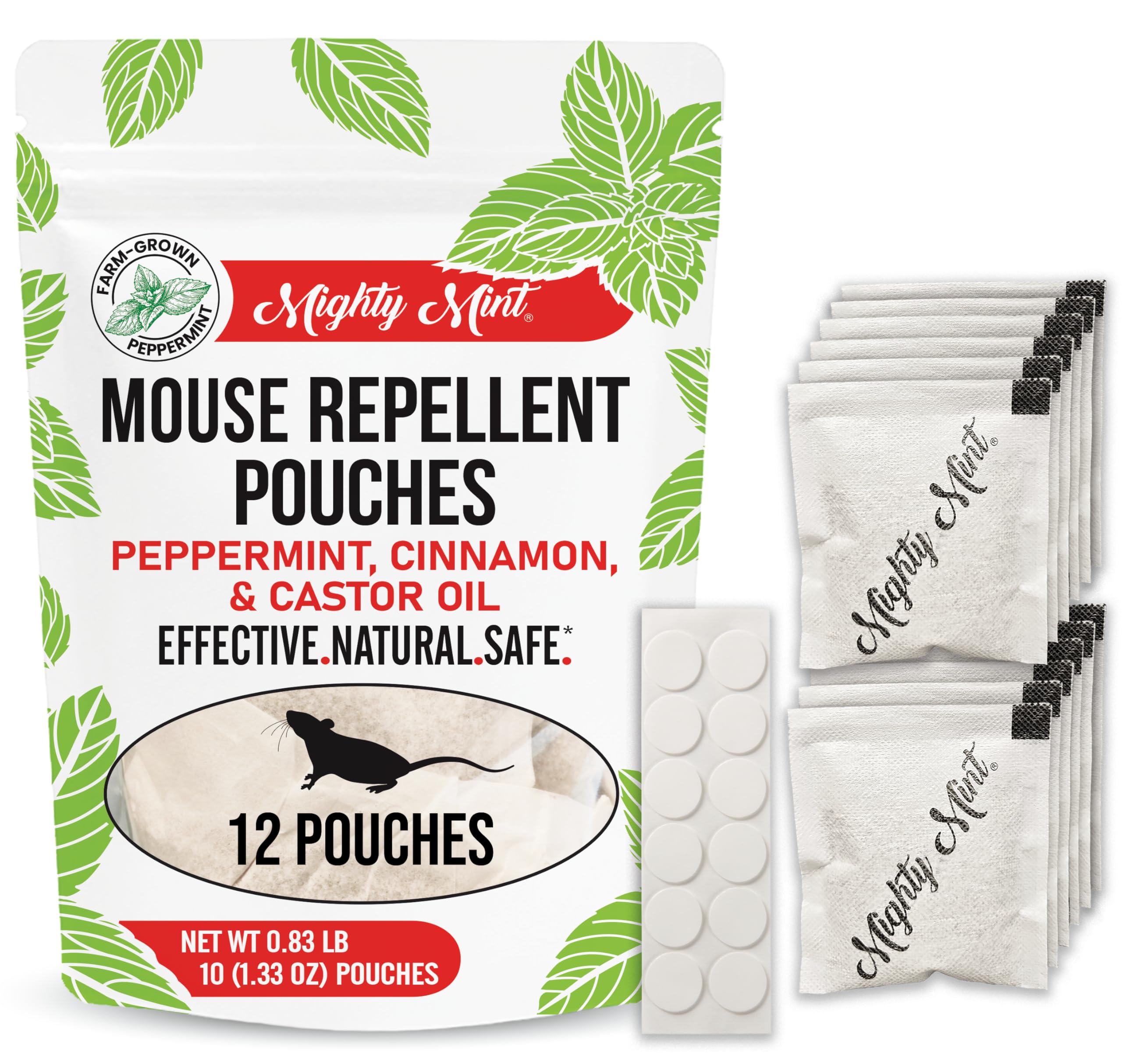 Mighty Mint Mouse Repellent Pouches – Peppermint, Castor Oil & Cinnamon Formula – Natural Indoor Deterrent for Mice and Rodents – Plant-Based, Long-Lasting Protection – 12 Count