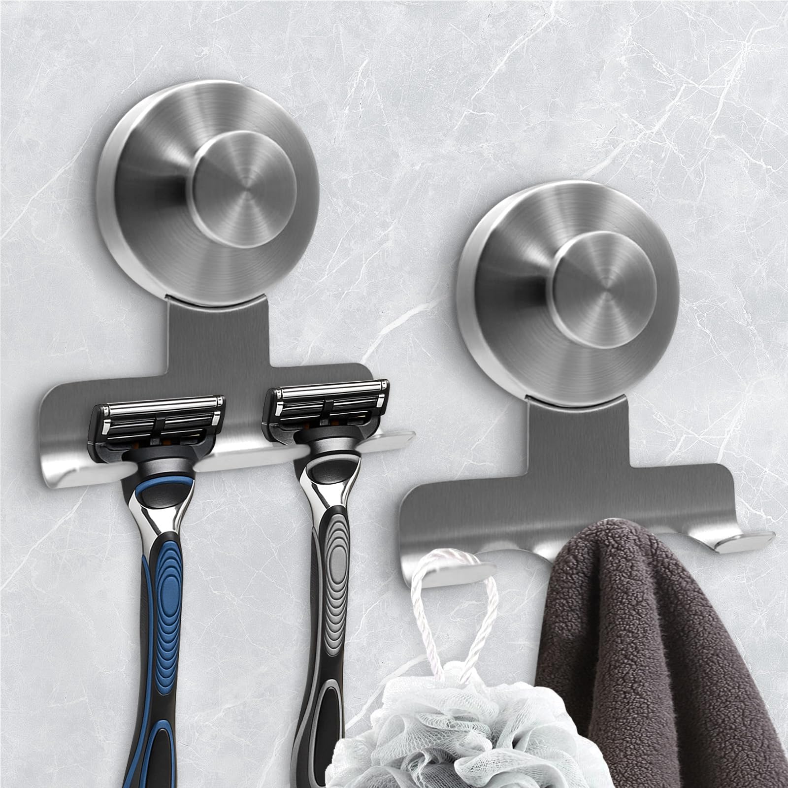 WingWider Suction Cup Razor Holder for Shower,Heavy-Duty 7KG Suction Hooks for Razor,Towel,Loofah,Removable Damage-Free Metal Shower Hook,Shaver Holder,2 Pack(Brushed Silver)