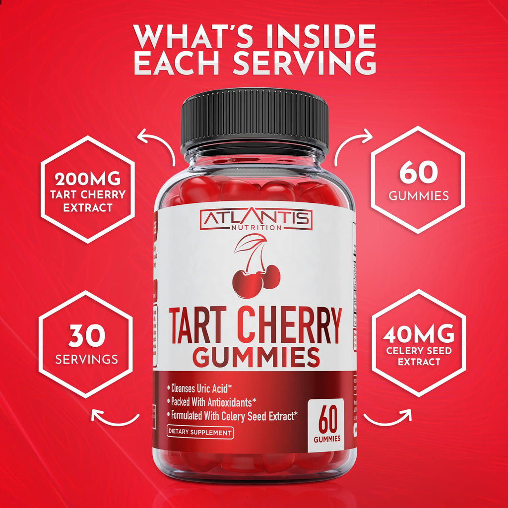 Atlantis Nutrition Tart Cherry Gummies with Celery Seed Extract - Advanced Uric Acid Cleanse for Immediate Gout Relief, Joint Relief & Recovery | Powerful Antioxidant with Joint Support - 60 Gummies