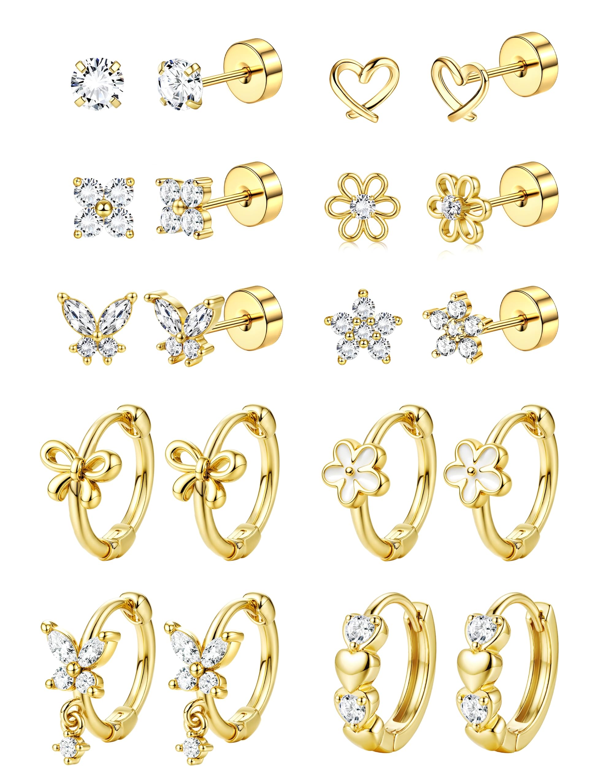 SAILIMUE Hypoallergenic Flat Back Earrings for Girls Women - Cute Toddler Kids Earrings Set Surgical Stainless Steel Earring for Sensitive Ears Small 14K Gold Plated Stud Hoop Earring Stacks