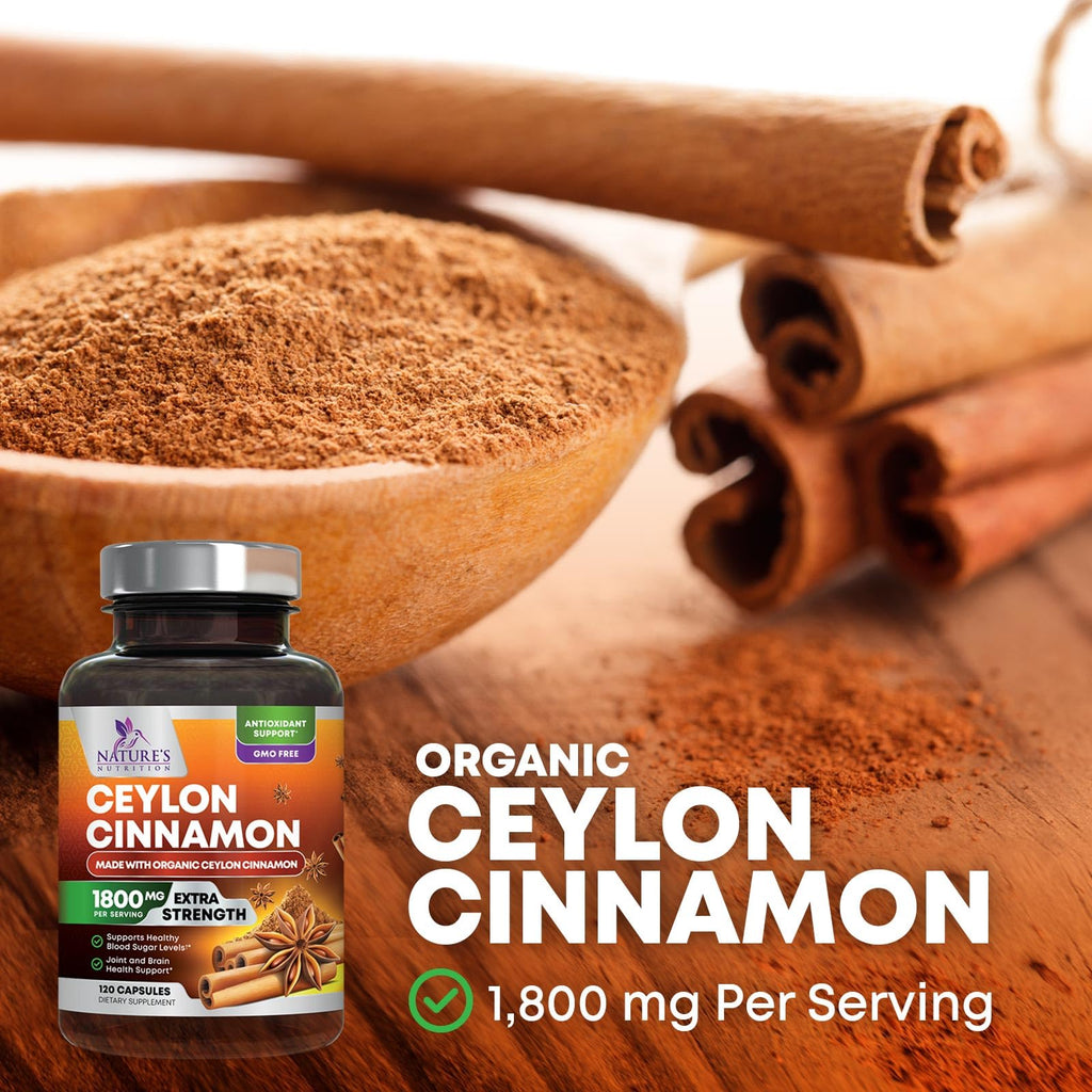 Organic Ceylon Cinnamon Supplement 1800mg Per Serving - Extra Strength Certified Organic Ceylon Cinnamon Powder Pills - Energy & Heart Support Antioxidant for Women & Men, Bottled USA - 120 Capsules