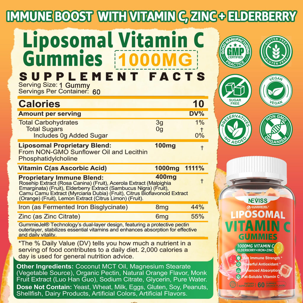 Liposomal Vitamin C 1000mg Gummies for Adults - Vitamin C Chewable 1500mg with 8mg Iron, Zinc & Elderberry - Immune Support, Immune Booster Supplement - for Energy, Collagen Booster, 1Pack Sugar Free