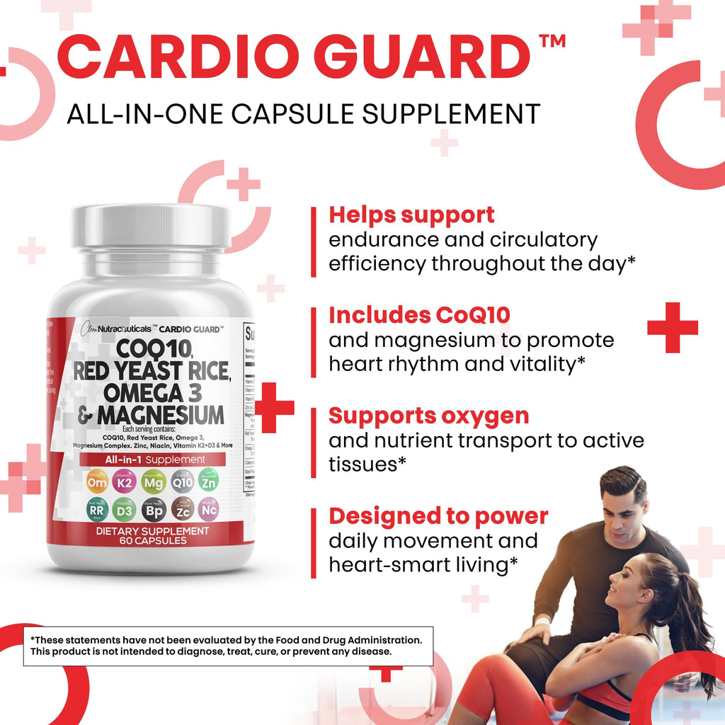 Clean Nutraceuticals COQ10 200mg Red Yeast Rice Omega 3 Magnesium Complex 500mg Niacin Zinc Vitamin K2 D3 - Heart Support Vitamins for Women & Men w/Vitamin B3, Coenzyme Q10-60 Ct