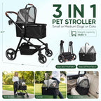 Foldable Dog Stroller, 3 in 1 Pet Stroller for Small Medium Dog Cat up to 50lbs, Detachble Portable Pet Bag, Storage Basket and One-Button Folding Frame
