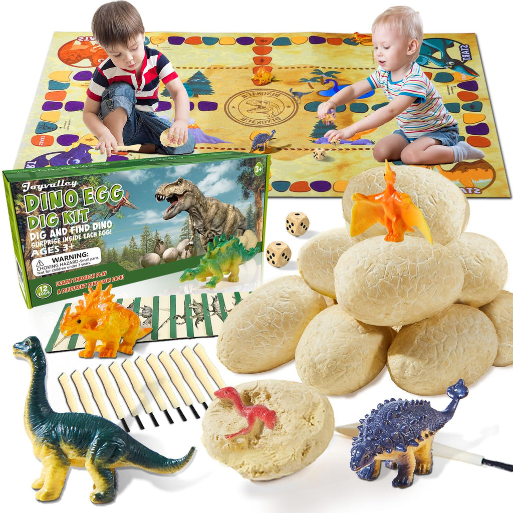 Dino Fossil Eggs Dinosaur Toys - 12 Dinosaur Eggs Dig Excavation Kit w Play Mat for Kids Ages 5-7 Easter Basket Essentials STEM Toy Christmas Birthday Gift for Boys Girls 3 4 5 6 7 8 + 8-13 Years Old