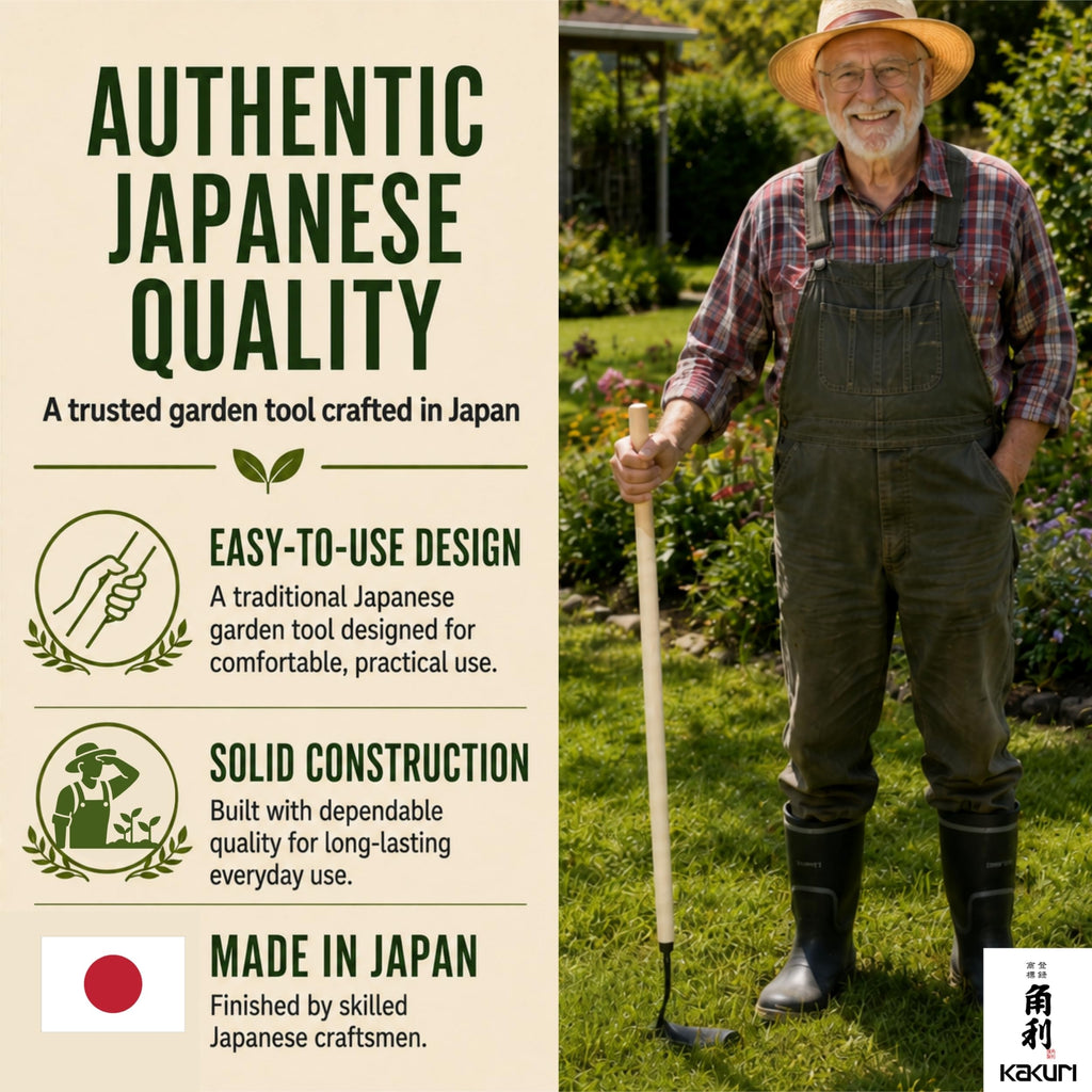 KAKURI Japanese Weeder Tool Long Handle 42" for Gardening - Stand Up Weed Remover Sickle Hoe - Sharp Japanese Steel Blade & Wooden Handle - Made in Japan