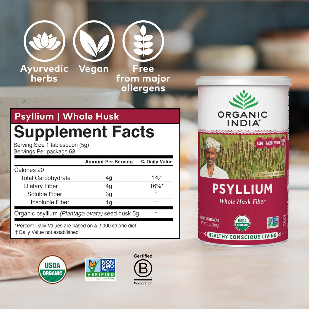 ORGANIC INDIA Psyllium Herbal Powder - Whole Husk Fiber, Healthy Elimination, Keto Friendly, Vegan, Gluten-Free, USDA Certified Organic, Non-GMO, Soluble & Insoluble Fiber - 12 oz Canister, 3 Pack