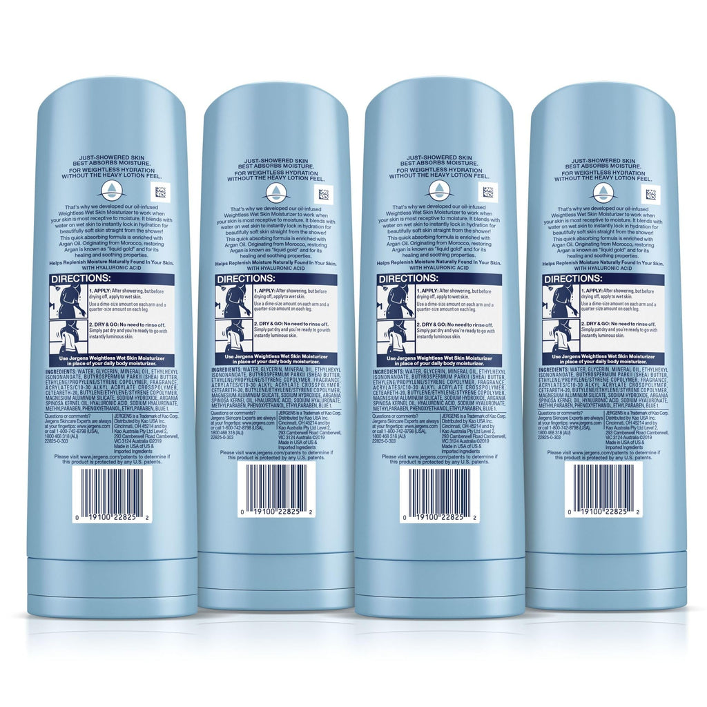 Jergens Wet Skin Body Moisturizer with Restoring Argan Oil, 4X Healthier Looking Skin, Fast-Absorbing, Non-Greasy, Dermatologist Tested, 10 Oz, Pack of 4