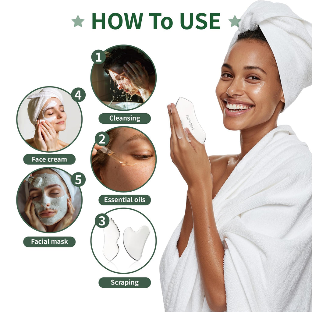 LeMeeOly 3pcs Stainless Steel Gua Sha Facial Tools & Eye Cream Applicator Metal GuaSha Set for Face Body, Detailer Gua Sha Lymphatic Drainage Massager,Guasha Face Sculpting Tool