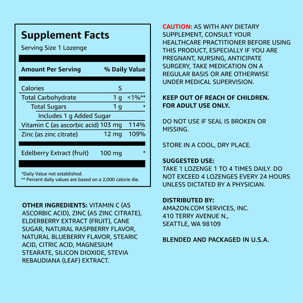 Amazon Elements Elderberry Complex, Immune System Support, 60 Berry Flavored Lozenges, Elderberry 100mg, Vitamin C 103mg, Zinc 12mg per Serving (Packaging May Vary) (Pack of 2)