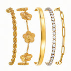 Gold Bracelets Set for Women Non Tarnish Waterproof 18K Gold Plated Lucky Floral Tennis Chunky Cuff Bracelet Tie Cuban Rope Paperclip Bracelet Stackable Trendy Fashion Accessories Stack Jewelry Gifts 5Pcs for Mothers Day Birthday(Gold)