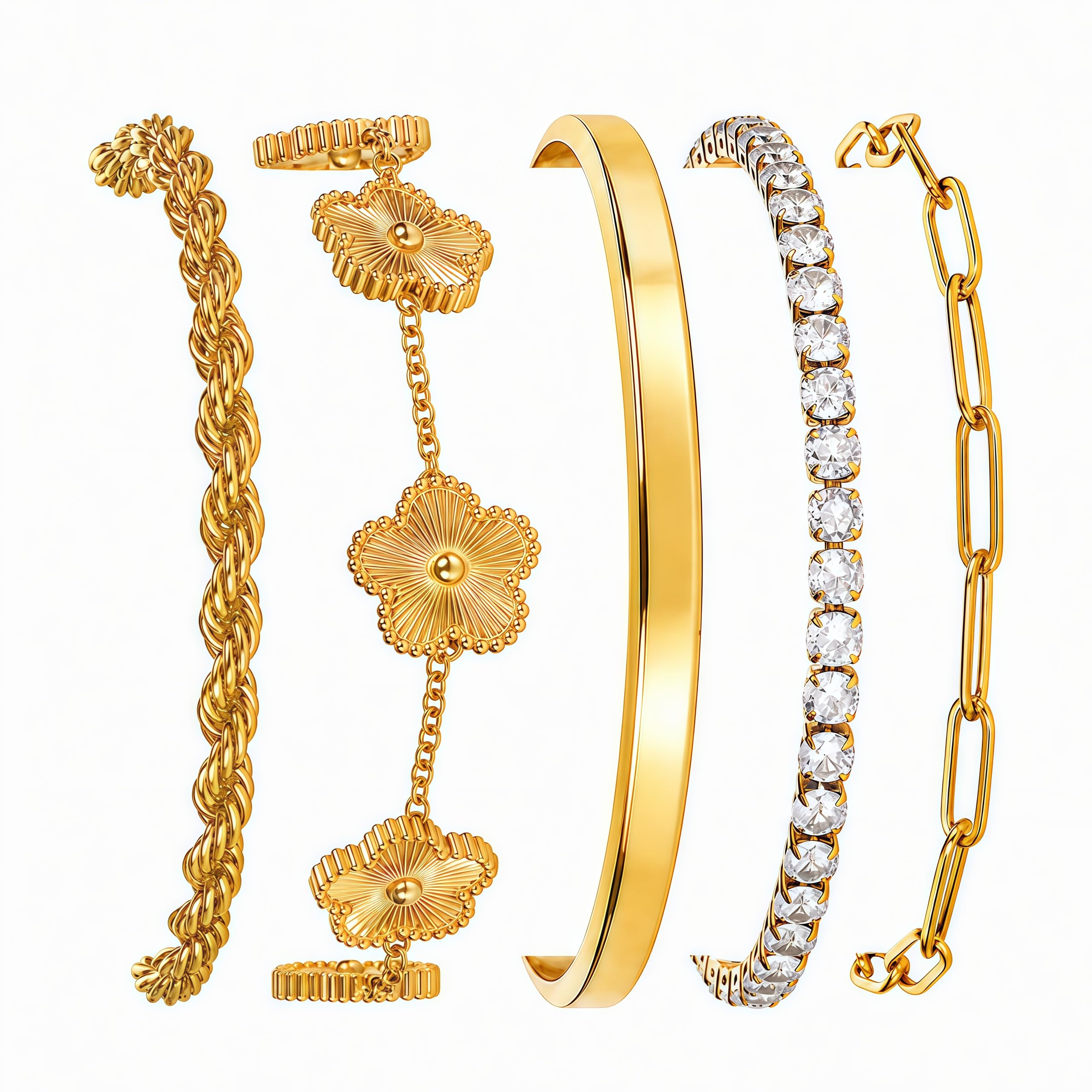 Gold Bracelets Set for Women Non Tarnish Waterproof 18K Gold Plated Lucky Floral Tennis Chunky Cuff Bracelet Tie Cuban Rope Paperclip Bracelet Stackable Trendy Fashion Accessories Stack Jewelry Gifts 5Pcs for Mothers Day Birthday(Gold)