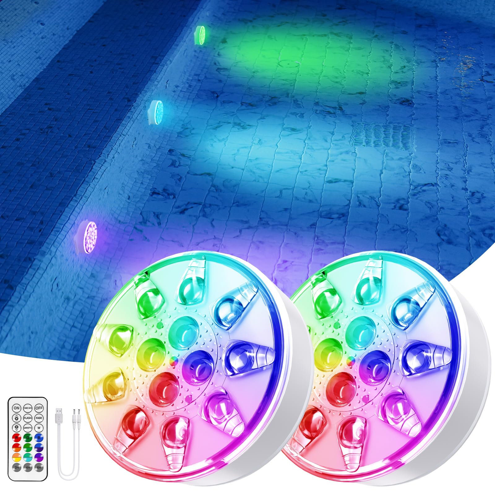 VICHTOP Pool Lights - 2 Pack, Rechargeable Submersible LED Pool Lights with Remote, IP68 Waterproof Underwater Pool Decor Light for Inground Pools, Above Ground Pools, Parties, Hot Tubs, Vase Bases