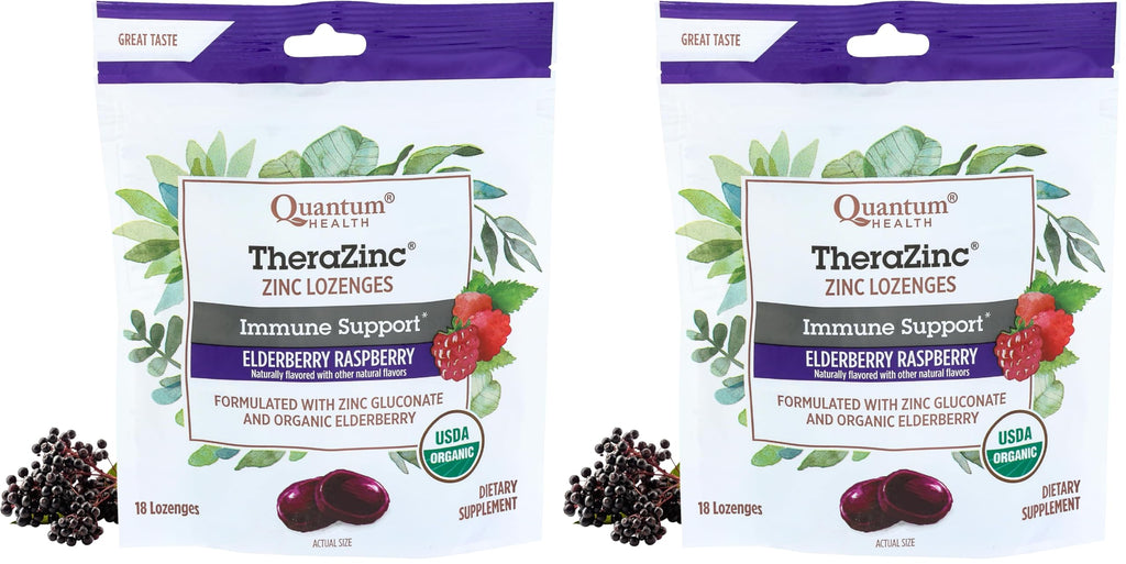 Quantum Health TheraZinc Organic Zinc Lozenges, Elderberry Sambucus Raspberry & Honey, Immune Support for Adults & Kids 12+, Fast Relief, No Aftertaste, 18 Count (Package May Vary) (Pack of 2)