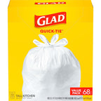 Glad Tall Kitchen Trash Bags 13 Gallon, Unscented Garbage Bags, Quick-Tie, 68 Count