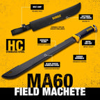 DEWALT 24 Inch MA60 Field Machete - Full Tang Stainless Steel Blade with Saw Back Construction & Non-Slip TPR Handle with Nylon Sheath for Brush Clearing, Yard Work, Camping & Outdoor Use